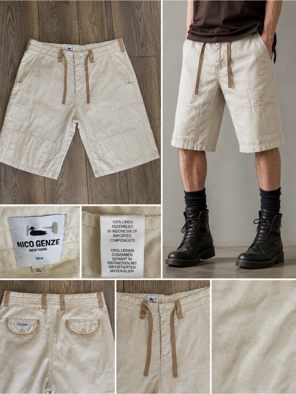 NICO GENZE New York 100% Linen Avant Garde Cargo Shorts XL tan Artisanal”